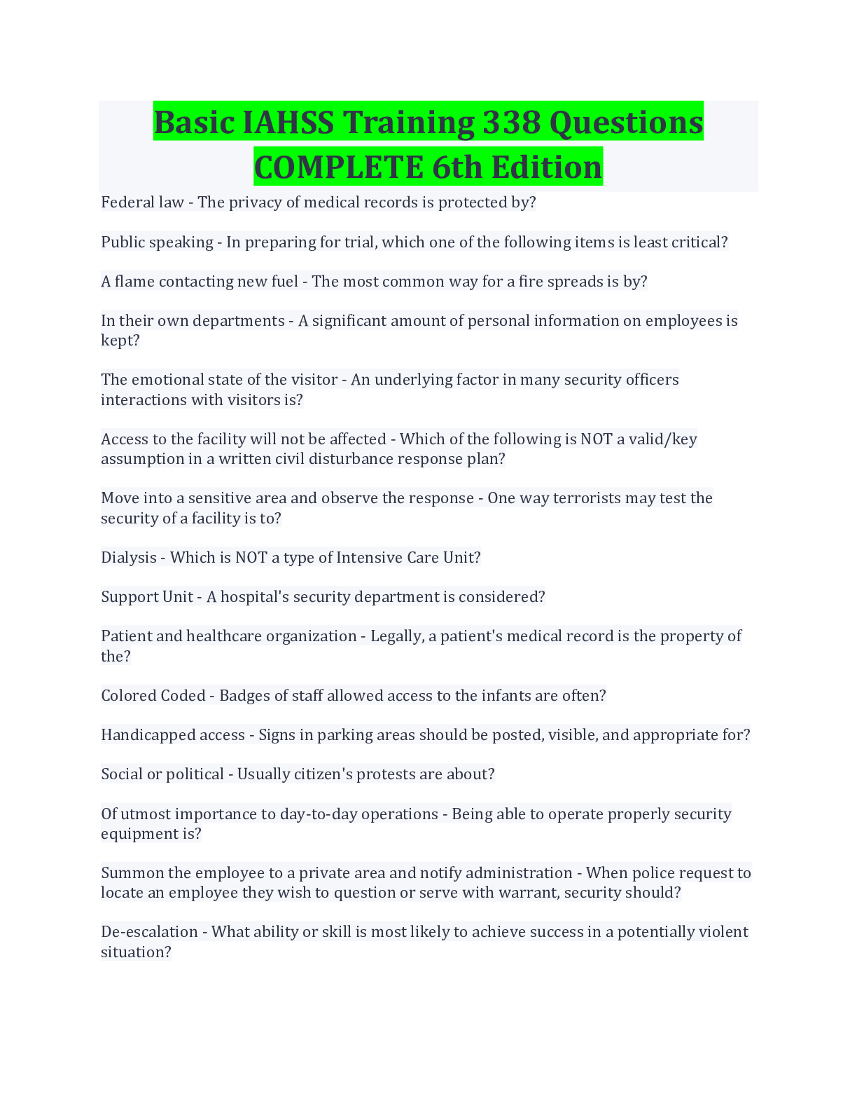 Preview image for Basic IAHSS Training 338 Questions COMPLETE 6th Edition